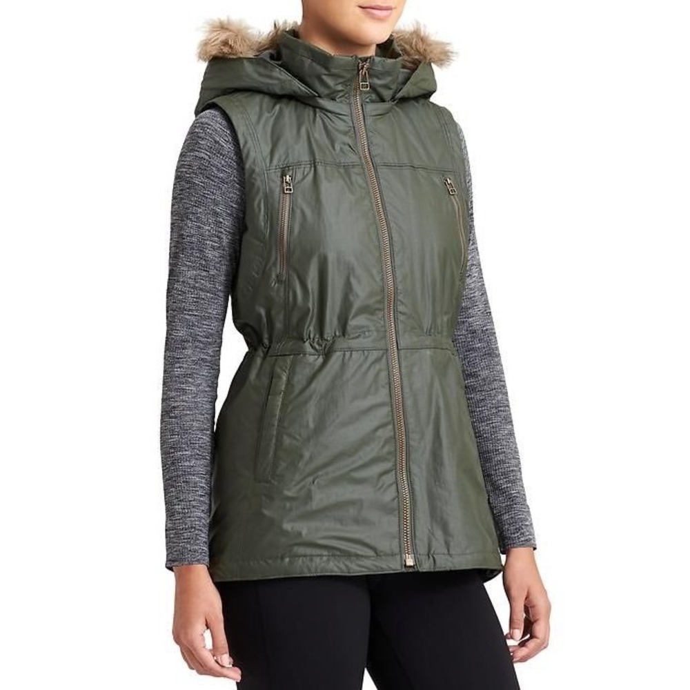 Athleta Alpine Air Vest Small Green Hooded Faux Fur Zip Up Utility Jacket Fall